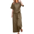 thumbnail image 1 of JFGHDG Women Summer Gauze 2 Piece Outfits Short Sleeve Crew Neck Top Elastic Drawstring Waist Wide Leg Capri Pants Vacation Matching Lounge Sets Khaki L, 1 of 3