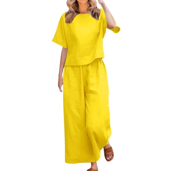 JFGHDG Women Summer Gauze 2 Piece Outfits Short Sleeve Crew Neck Top Elastic Drawstring Waist Wide Leg Capri Pants Vacation Matching Lounge Sets Yellow M