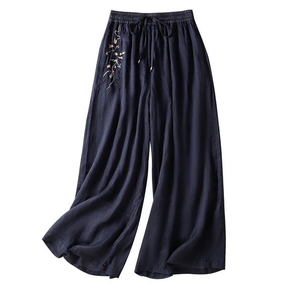 JFGHDG Women Summer High Waisted Cotton Linen Palazzo Pants Wide Leg Long Lounge Beach Vacation Casual Pants with Pockets Navy 2XL