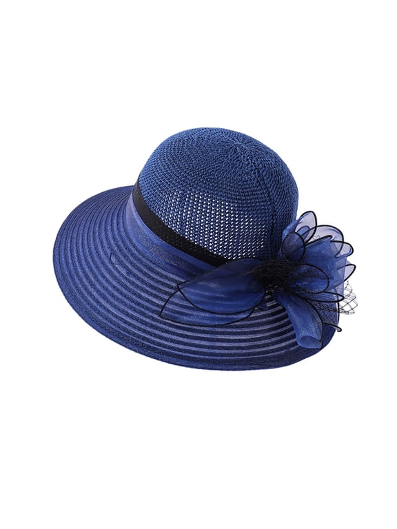 Women Victorian Organza Derby Fascinator Hat, Elegant Big Dress Sun Cap for Kentucky Tea Party Church Navy One Size