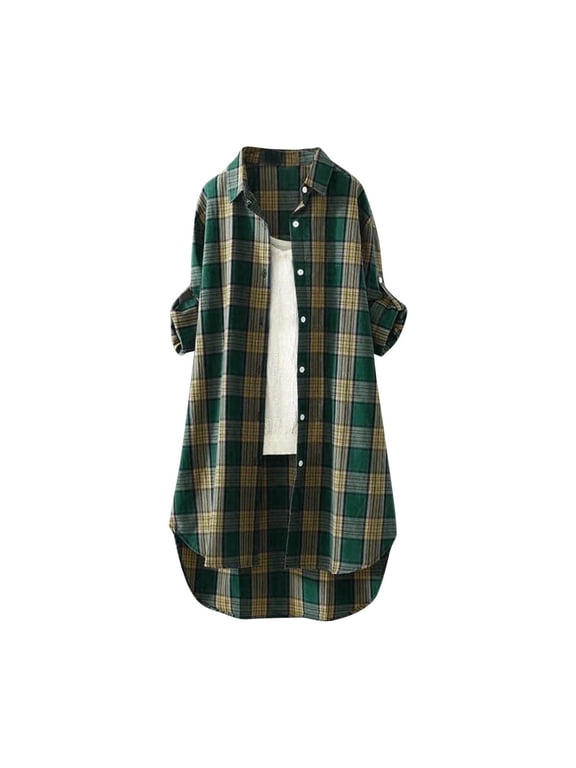 Women Vintage Oversized Plaid Shirt Maxi Dress, Turn‑Down Collar Long Sleeve Button‑Up Gown, Loose High‑Low Hem Casual Wear Green 1 S