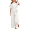 thumbnail image 1 of JFGHDG Women's 2 Piece Linen Set Short Sleeve Crewneck Top Elastic Drawstring Waist Wide Leg Capri Pants Plus Size Summer Loungewear Vacation Outfit White L, 1 of 4