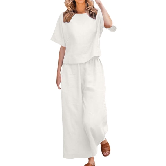 JFGHDG Women's 2 Piece Linen Set Short Sleeve Crewneck Top Elastic Drawstring Waist Wide Leg Capri Pants Plus Size Summer Loungewear Vacation Outfit White L