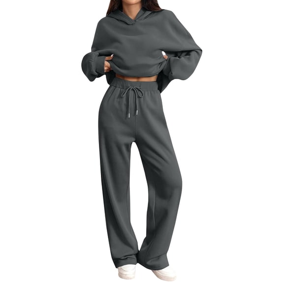 JFGHDG Women's 2 Piece Outfits Fall Sweatsuits Oversized Hoodies Wide Leg Sweatpants Tracksuits Lounge Matching Sets Dark Gray 2XL