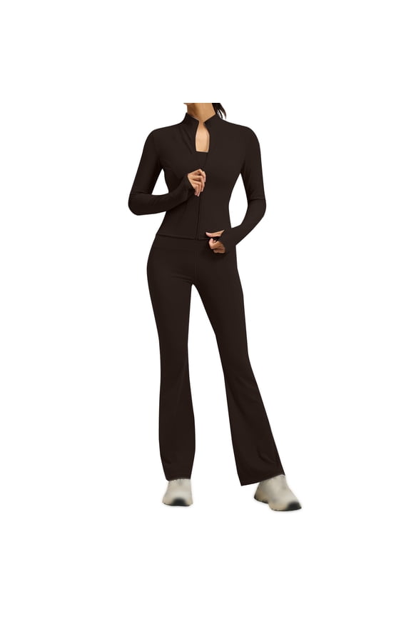 Women's 2 Piece Outfits Tracksuit Full Zip Up Jacket Thumbholes High Waisted Flare Leggings Athletic Workout Sets Brown L