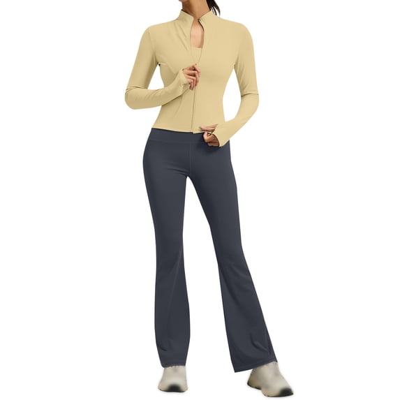 JFGHDG Women's 2 Piece Set Long Sleeve Jacket & Ankle Length Workout Flare Leggings Casual Matching Outfit Tracksuit Sweatsuit Yellow M