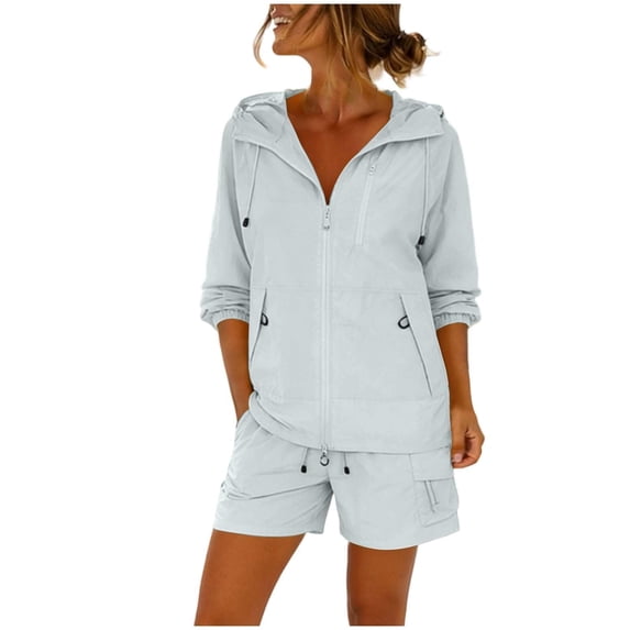JFGHDG Women's 2 Piece Vacation Loungewear Set Lightweight Zip‑up Hooded Windbreaker Jacket Drawstring Shorts Outfit Light Blue XL