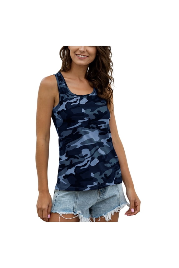Women's Camo Print Tank Top Slim Fit Camouflage Cami Tops Navy 4XL