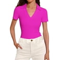 thumbnail image 1 of JFGHDG Women's Cotton Johnny Lapel Polo Short Sleeve V Neck Ribbed Knit Slim Fit Business Casual Tops Hot Pink S, 1 of 5
