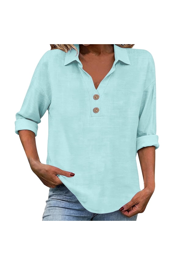 Women's Cotton Tops Casual Beach Flowy Top Blouses 3/4 Sleeve Button Down Shirts Gauze Shirts 3/4 Sleeve Tunic Tops 3/4 Roll-up Sleeve Light Blue XL