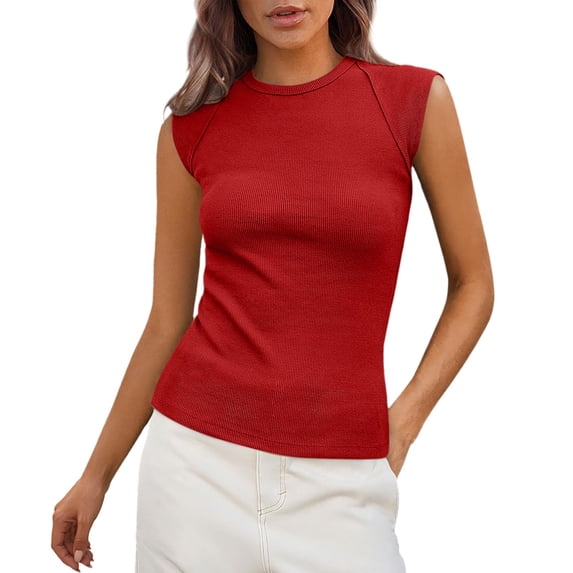 JFGHDG Women's Crewneck Cap Sleeve Sleeveless Ribbed Knit Slim Stretch Basic Summer Tank Tops Red S