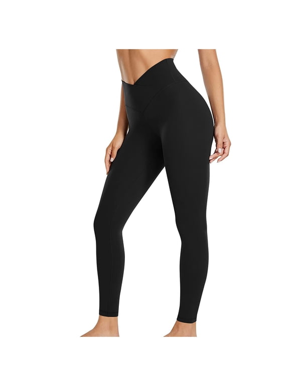 Women's Crossover High Waisted No Front Seam Butt Lifting Workout Leggings Black L