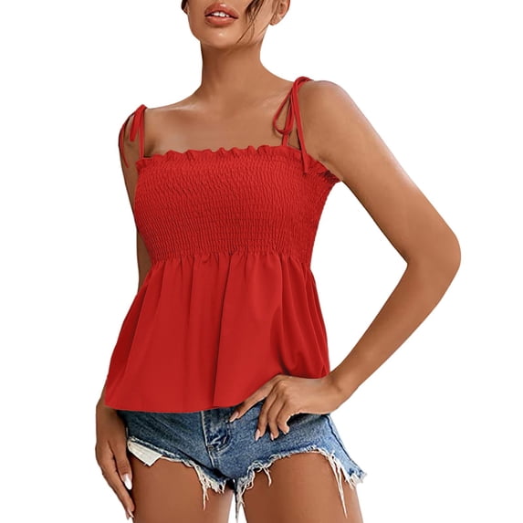 JFGHDG Women's Cute Summer Tops Tie‑Shoulder Shirred Ruffle‑Hem Sleeveless Cami Blouse Peplum Top Flowy Babydoll Casual Vacation Tops Coffee 2XL