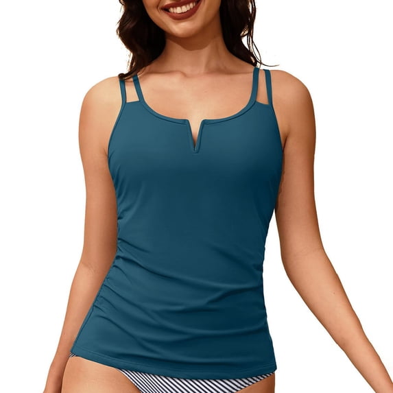 JFGHDG Women’s Double Thin Strap Notch V Neck Tankini Top V Neck Ruched Tummy Control Bathing Suit Top Green S