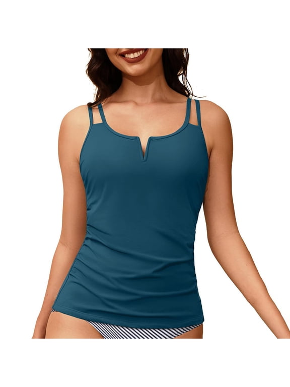 Women’s Double Thin Strap Notch V Neck Tankini Top V Neck Ruched Tummy Control Bathing Suit Top Green S