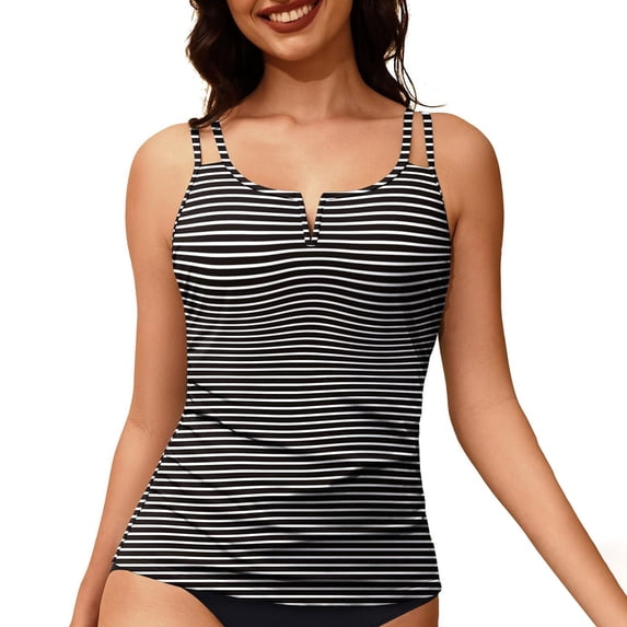 JFGHDG Women’s Double Thin Strap Notch V Neck Tankini Top V Neck Ruched Tummy Control Bathing Suit Top White 2XL