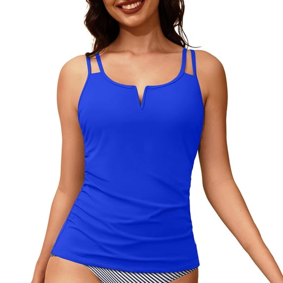 JFGHDG Women's Double Thin Strap Notch V Neck Tankini Top V Neck Tankini Top Ruched Tummy Control Swimsuits Top Blue L