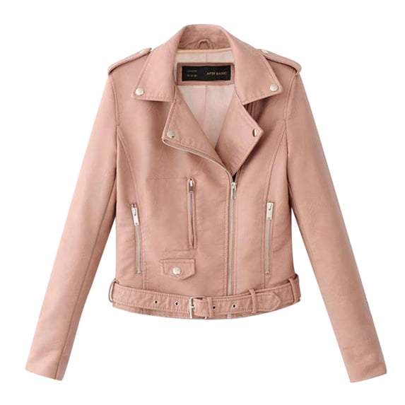 JFGHDG Women's Fashion Studded Perfectly Shaping Faux Leather Biker Jacket Pink L