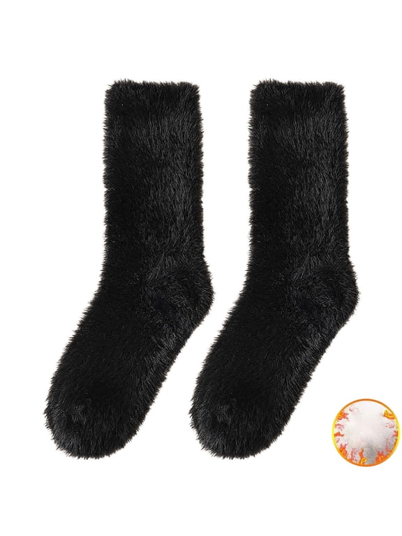 Women's Faux Mink Fur Crew Socks, Thick Fluffy Fuzzy Warm Socks, Cozy Winter Indoor House Sleeping Socks Black A