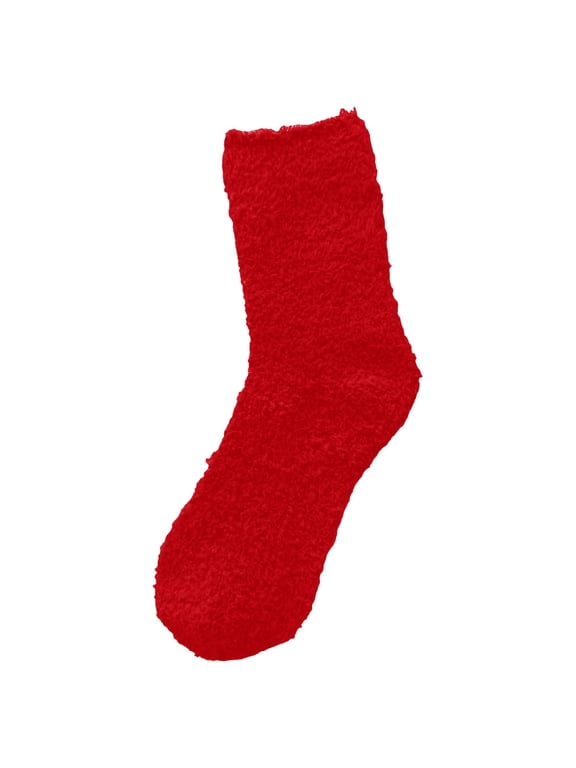 Women's Fuzzy Crew Socks, Solid Color Cozy Coral Fleece Mid Calf Socks, Warm Fluffy Home Sleeping Socks for Cold Weather Red A