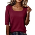 thumbnail image 1 of JFGHDG Women's Half Sleeve Tops, Scoop Neck Ribbed Knit Slim Fit Basic Tee, Casual Summer Spring Trendy Daily Wear Wine S, 1 of 9