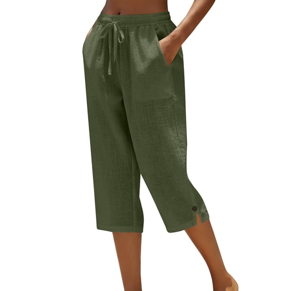 JFGHDG Women's High Waisted Linen Capri Pants Drawstring Elastic Waist Wide Leg Cropped Casual Trousers with Pockets and Button Split Hem Green 4XL