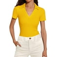 thumbnail image 1 of JFGHDG Women's Johnny Lapel Polo Short Sleeve V Neck Ribbed Knit Slim Fit Basic Office Summer Tops Yellow XL, 1 of 5