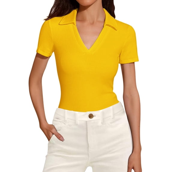 JFGHDG Women's Johnny Lapel Polo Short Sleeve V Neck Ribbed Knit Slim Fit Basic Office Summer Tops Yellow XL