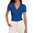 thumbnail image 1 of JFGHDG Women's Johnny Lapel Polo Short Sleeve V Neck Ribbed Knit Slim Fit Summer Work Casual Tops Blue L, 1 of 5