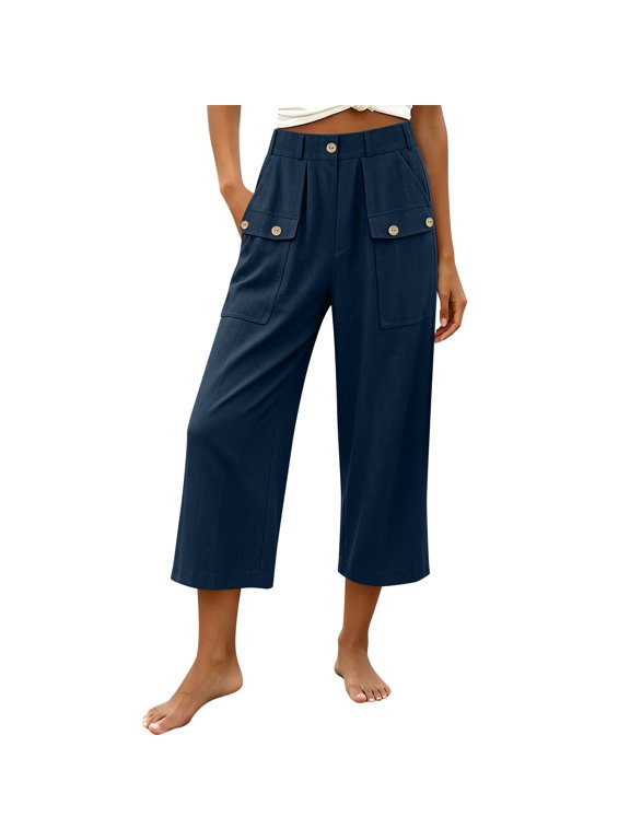 Women's Linen Wide Leg Capri Dress Pants High Waisted Button Waist Lightweight Business Office Casual Mid Calf Cropped Trousers Navy S