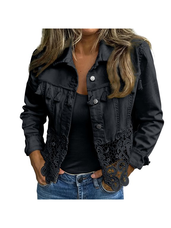 Women's Long Sleeve Button Down Lace Eyelet Denim Jacket Black L