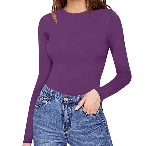 JFGHDG Women's Long Sleeve Stretchy Soft Bodysuit Basic Crew Neck Shirt Tops Purple L