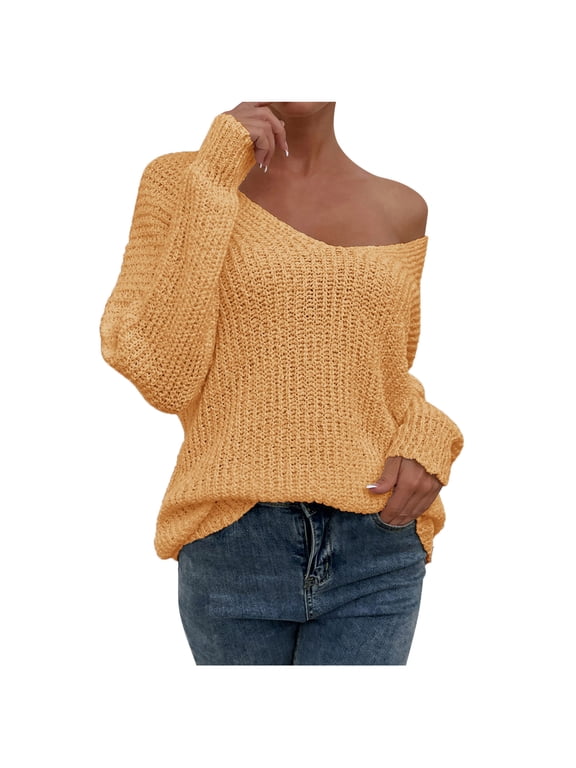 Women's Oversized Sweaters Off The Shoulder Sweater Long Sleeve Pullover Loose Fit Spring Casual Chunky Knit Pullover Tops Yellow S