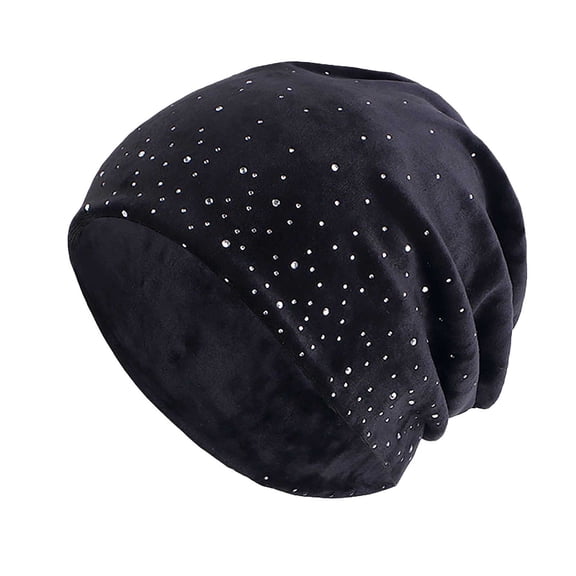 JFGHDG Women's Rhinestone Slouchy Beanie Hat, Soft Velvet Stretchy Chemo Cap for Cancer Patients Daily Night Sleep Headwear Black A