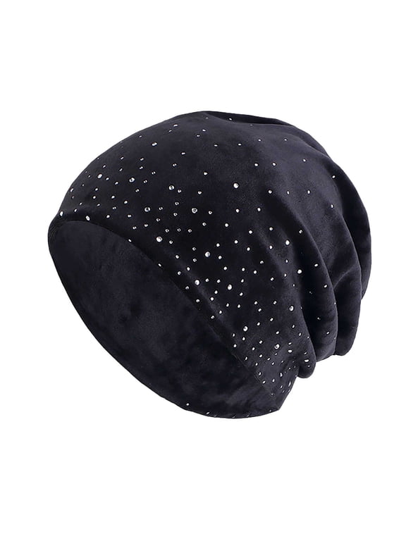 Women's Rhinestone Slouchy Beanie Hat, Soft Velvet Stretchy Chemo Cap for Cancer Patients Daily Night Sleep Headwear Black A