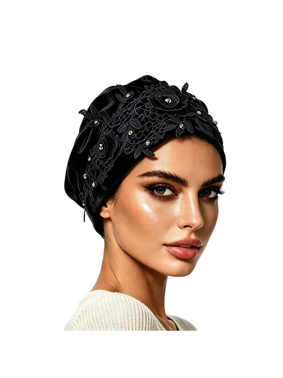Women's Satin Turban Hat with 3D Lace Floral Applique and Rhinestones, Soft Pre-Tied Head Wrap, Elegant Chemo Cap for Wedding Evening Party Black One Size