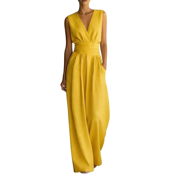 JFGHDG Women's Sleeveless Deep V Neck Ruched Wide Leg Jumpsuit Long Romper with Pockets Yellow M