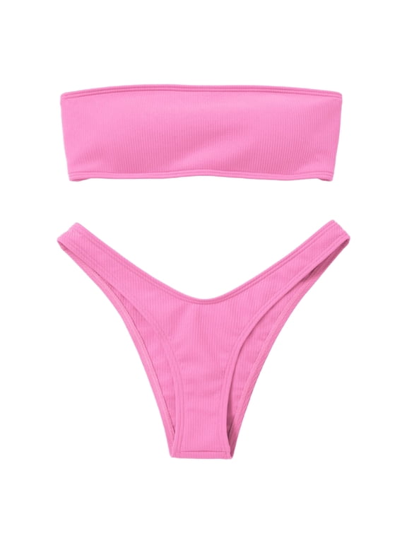 Women's Strapless Bandeau Ribbed Bikini Set Two Piece Swimsuit Pink L