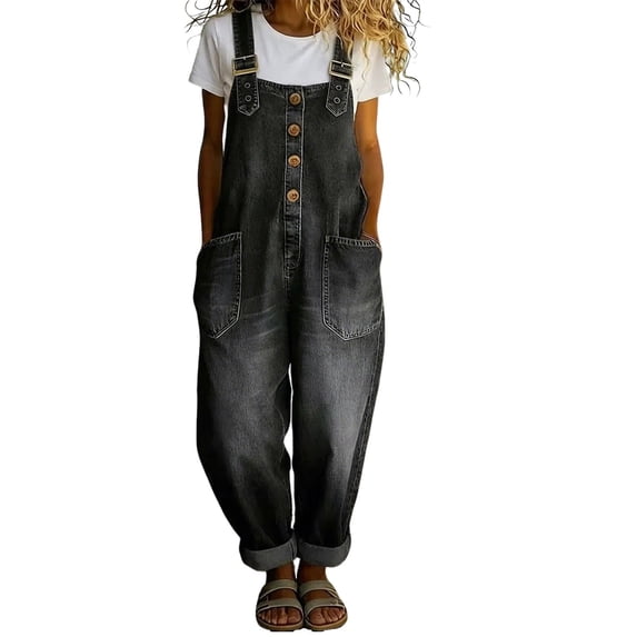 JFGHDG Women's Suspender Strap Loose Denim Bib Overalls Y2k Baggy Distressed Jeans Wide Leg Jumpsuit Pants Black L