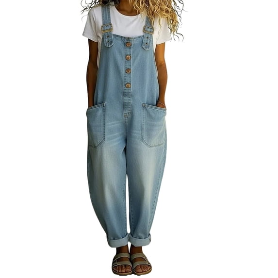 JFGHDG Women's Suspender Strap Loose Denim Bib Overalls Y2k Baggy Distressed Jeans Wide Leg Jumpsuit Pants Light Blue 2XL