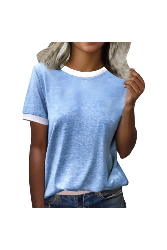 Women's Tops Striped Crew Neck Ringer Trim Contrast Cuff Collar Tee Crew Neck T Shirts Contrast Trim Short Sleeve Basic Color Tee Tops Casual Loose Fit Tops Blue 2XL