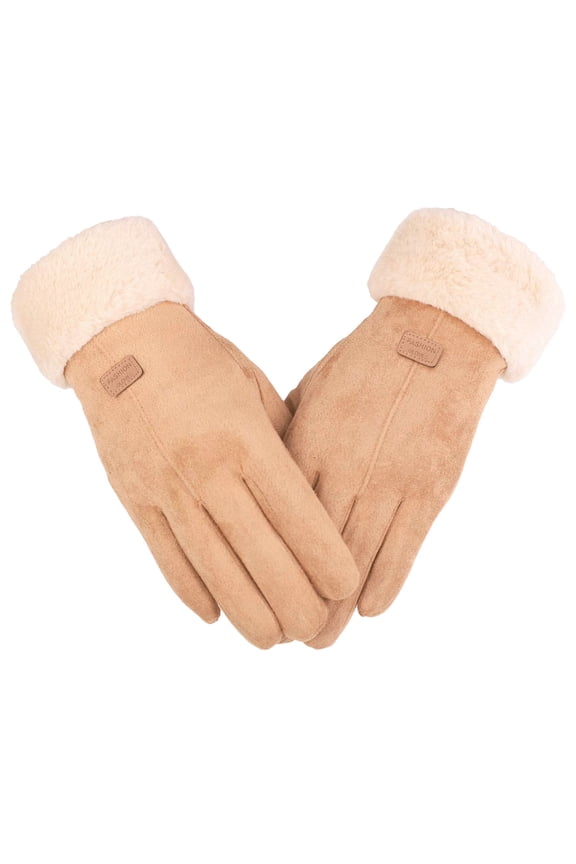 Women's Winter Suede Gloves with Fur Cuffs - Soft, Warm, Touchscreen, Fleece Lined Khaki One Size
