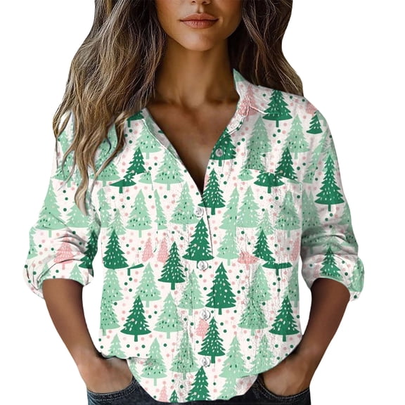 JFGHDG Womens Christmas Holiday Blouse Xmas Tree Snowflakes Graphic Long Sleeve Button Down Lapel Collar Shirts Dressy Tops MR2 S