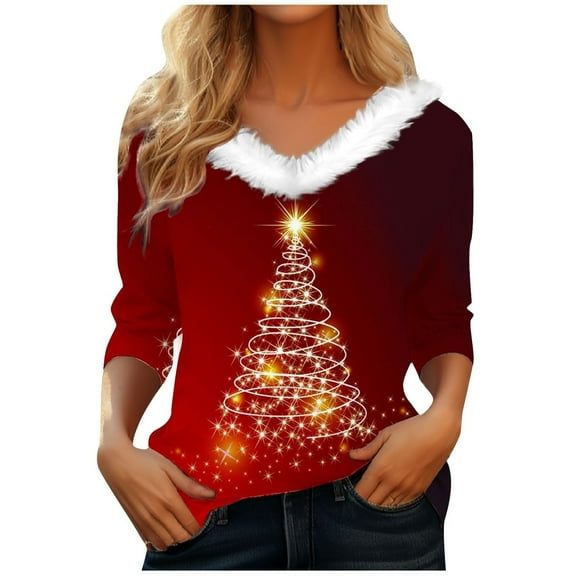 JFGHDG Womens Christmas Tops Faux Fur Trim V Neck Sweatshirts Long Sleeve Workout Tops for Women Christmas Sweater Sweat Shirts for Womens Long Sleeve Tops for Women Red 3XL