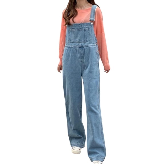 JFGHDG Womens Classic Adjustable Straps Pockets Denim Bib Overalls Jeans Pants Light Blue L