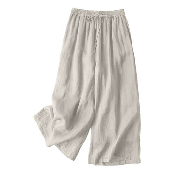 JFGHDG Womens Cotton Linen Palazzo Pants Drawstring Elastic Waist Lightweight Casual Wide Leg Summer Beach Vacation Trousers with Pockets Beige L