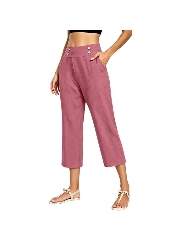 Womens Cotton Linen Pants Petite Summer Lightweight Fixed High Waist Side Dual Button Straight Leg Solid Beach Lounge Cropped Ankle Trousers with Pockets Hot Pink M