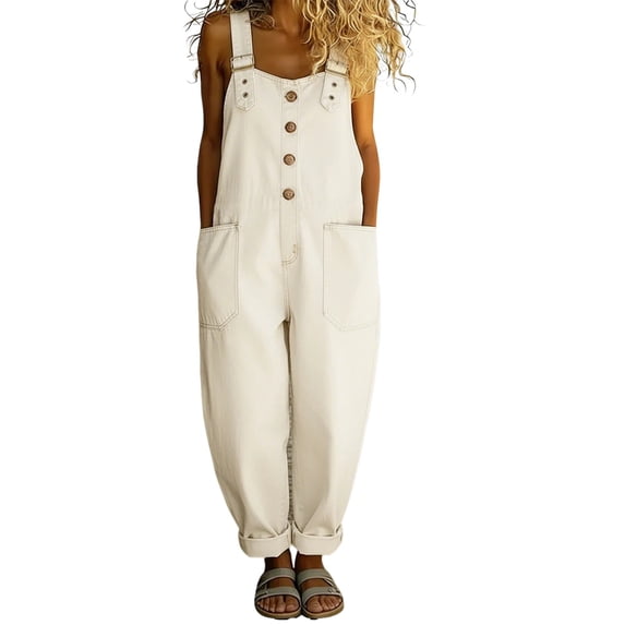 JFGHDG Womens Denim Bib Overalls Barrel Leg Adjustable Strap Jean Pants Jumpsuits with Pockets White L