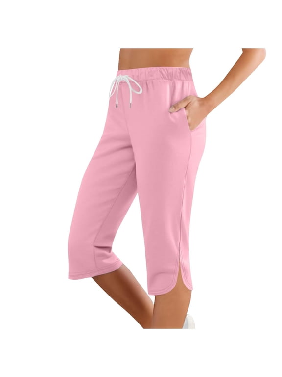 Womens Drawstring Elastic High Waist Capri Pants Side Split Hem Slim Stretch Mid Calf Casual Summer Cropped Trousers Pink 2XL