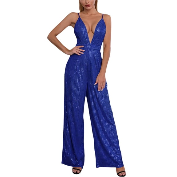 JFGHDG Womens Jumpsuits for Evening Wear Tall Jumpsuits for Women Long Sequin Jumpsuits for Women Rhinestone Jumpsuit V Neck Jumpsuits for Women Bell Bottom Jumpsuit for Women Blue 2xl
